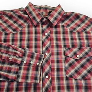 Roper Men's XL Maroon, Black Plaid Pearl Snap Triple Button Barrel Cuff Western‎